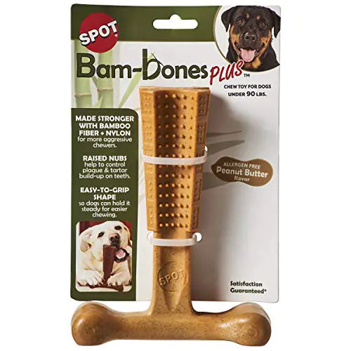 SPOT Bam-Bones Plus T Bone - Bamboo Fiber & Nylon Durable Long Lasting Dog Chew for Aggressive Chewers – Toy for Dogs & Puppies Under 90lbs Non-Splintering 7in Allergen Free Peanut Butter Flavor